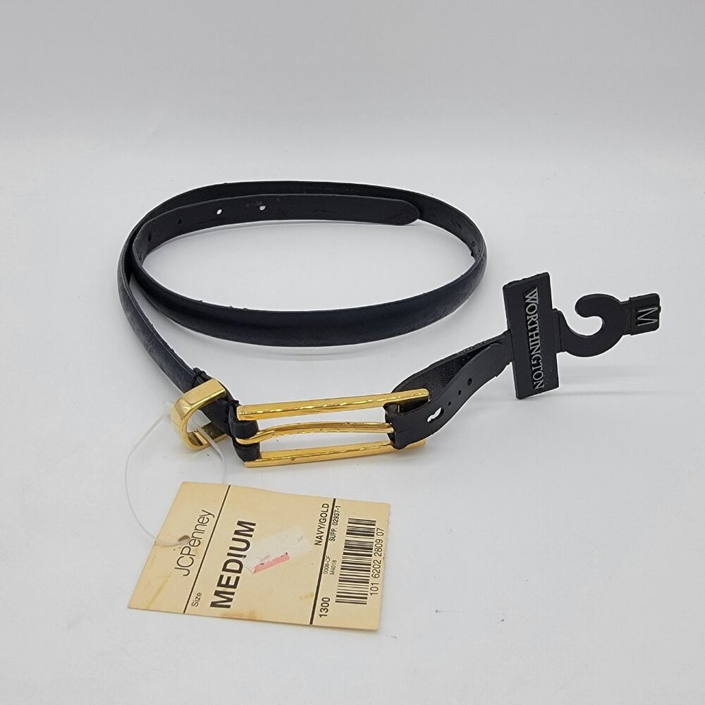 WORTHINGTON BELT BLACK GOLD TONE BUCKLE SZ M SKINNY‎ BELT 34 NWT Vintage Classic